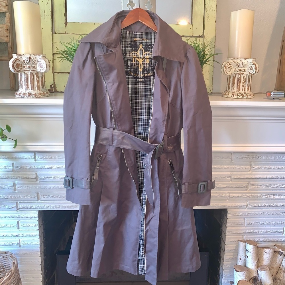 Mackage Princess Belted Gray Trench Coat Leather Accents Flannel Lining Medium